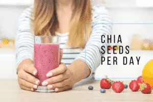 woman holding a glass of smoothie_chia seeds per day overlay